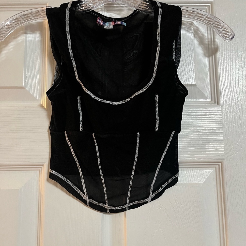URBAN OUTFITTERS Black Sheer Sleeveless Top with White Accents - Picture 2 of 2